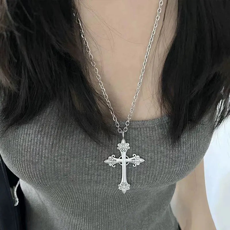 Rose Cross Pendant Necklace - Silver Color