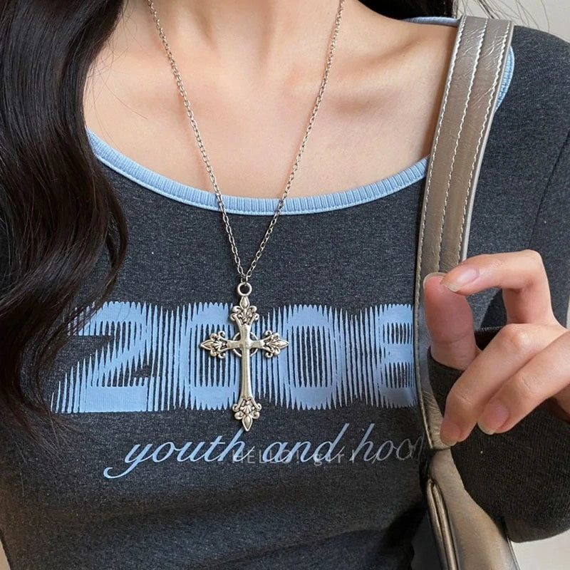 Rose Cross Pendant Necklace - Silver Color