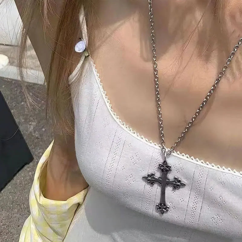 Rose Cross Pendant Necklace - Silver Color