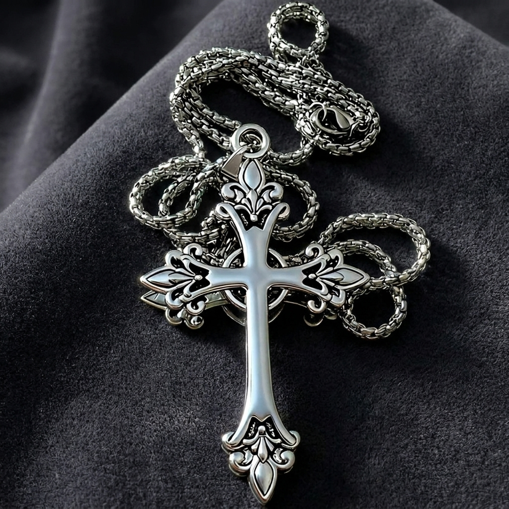 Rose Cross Pendant Necklace - Silver Color